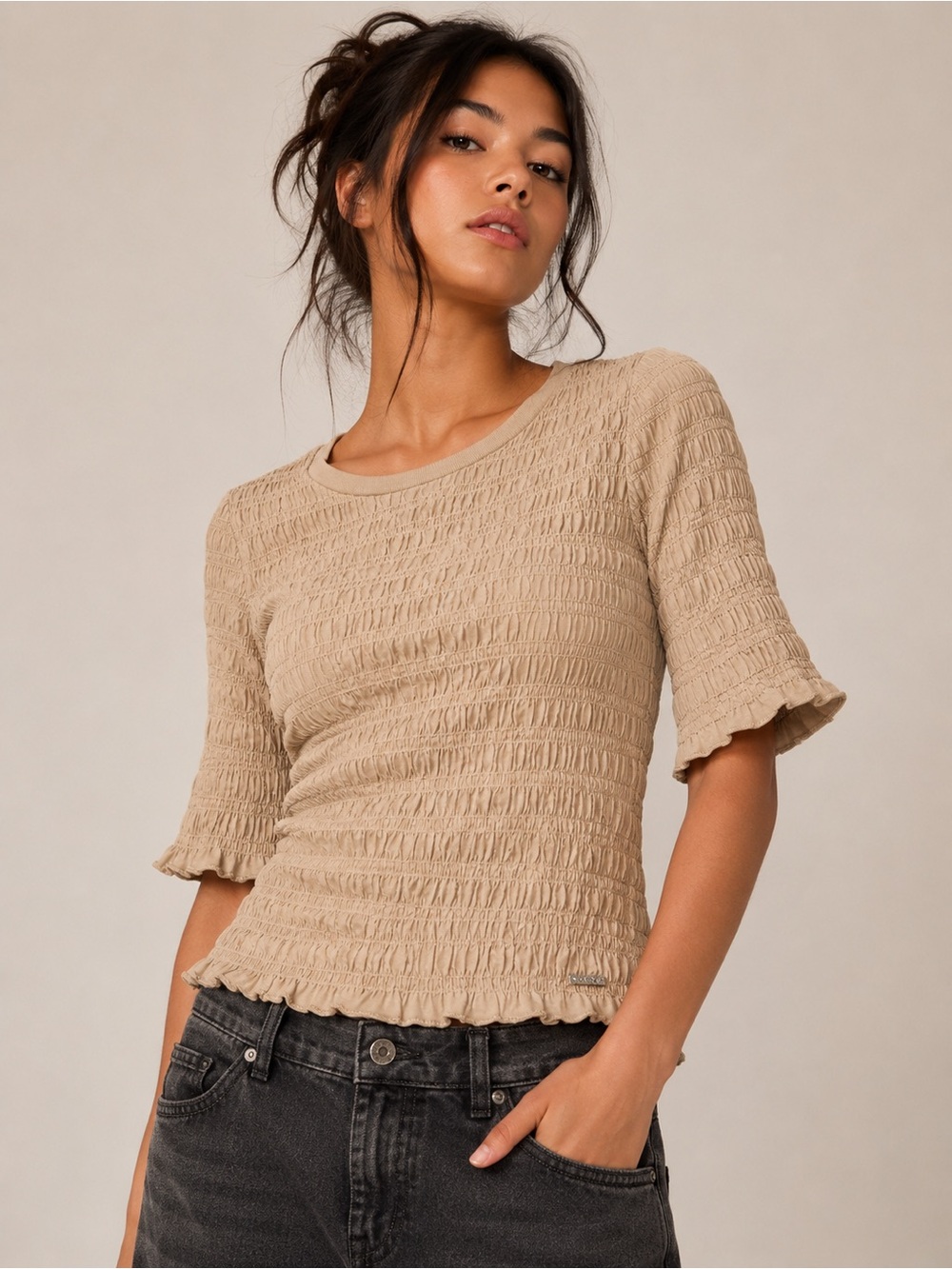 DKNY Jeans Smocked Beige Knit Top Bell Sleeve Size Large NWT